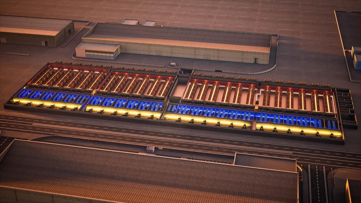 Aerial render of the Hypergate building with the roof off, lane interiors lit in rows, on its campus with roads and outbuildings around