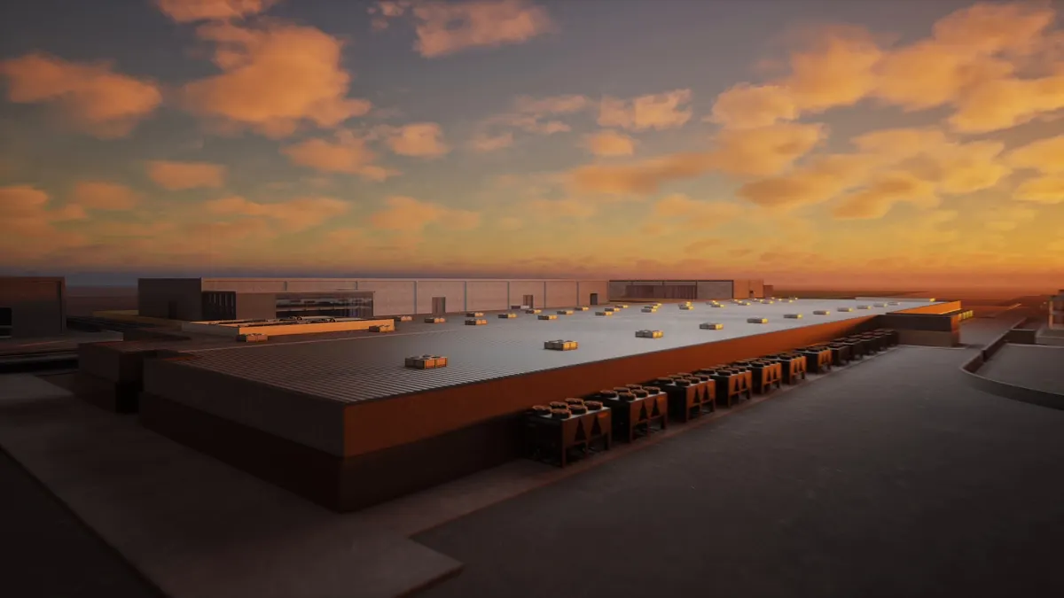Aerial render of a Hypergate lane campus at dusk