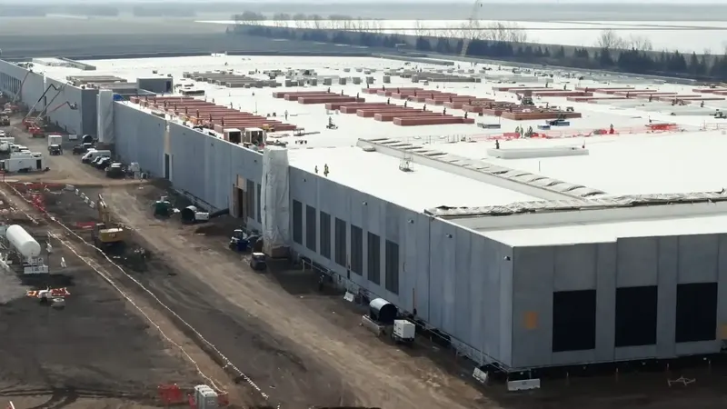 Precast wall panels standing along a data center under construction, crews in high-visibility gear walking the white roof deck behind them
