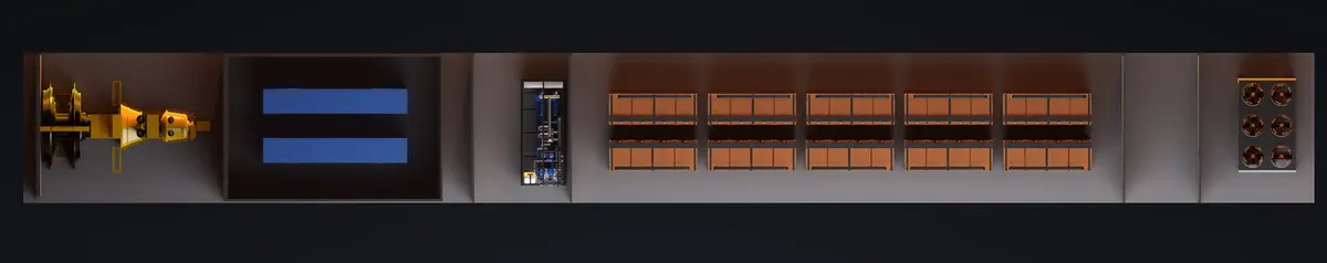 Plan view of one 5 MW Hypergate lane: generator, power, space cooling and white space in a row on a common slab, with the air-cooled chiller plant outside the lane at the end
